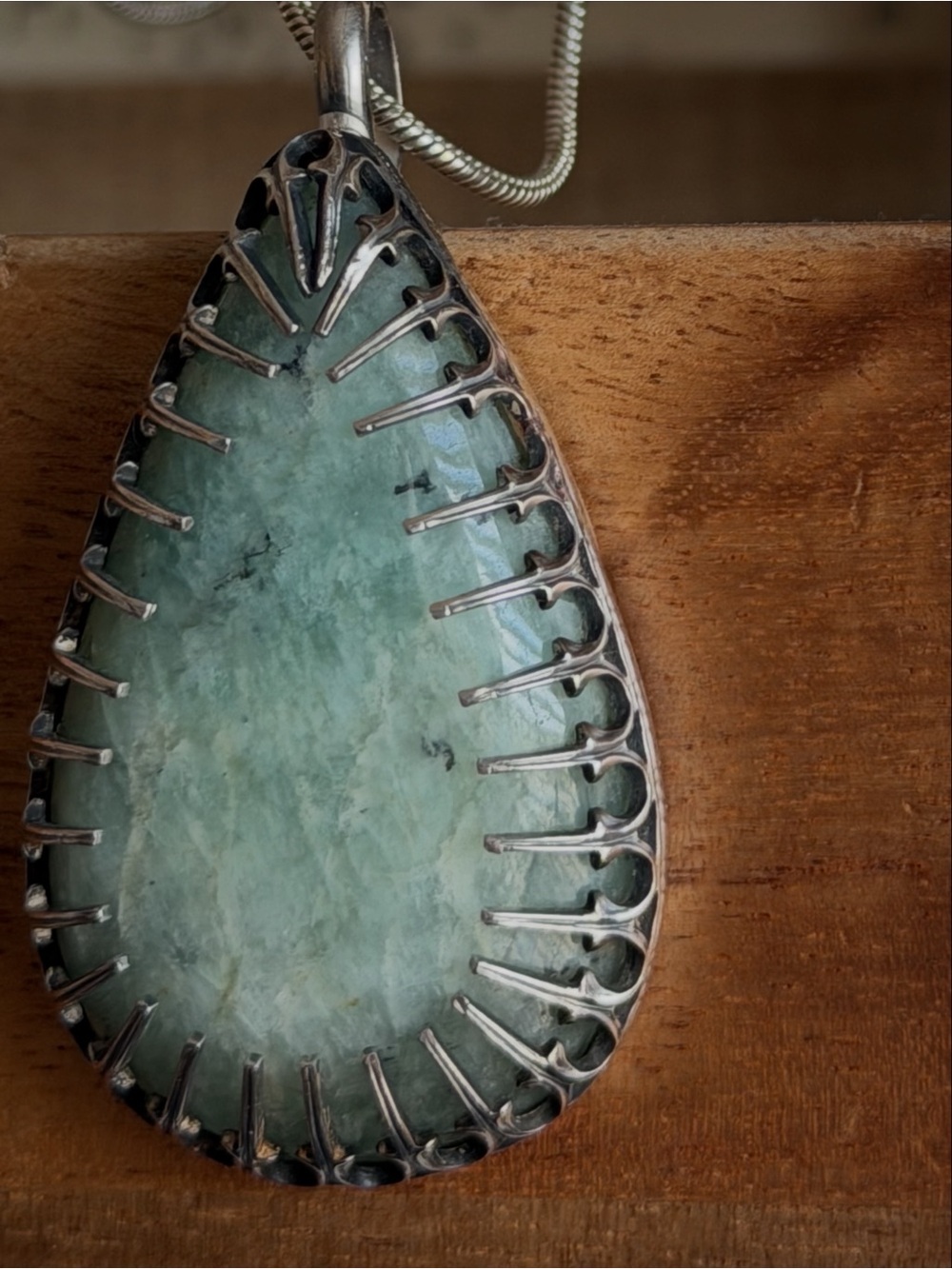 Teardrop Green Amazonite Stone Pendant Necklace - Sterling Detail